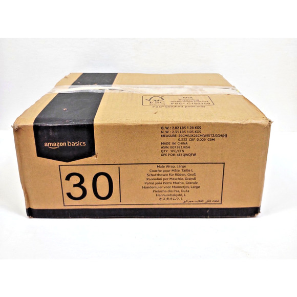 Amazon Basics Size LARGE Male Dog Disposable Wrap Diapers Pack of 30 White NIB - Picture 1 of 9